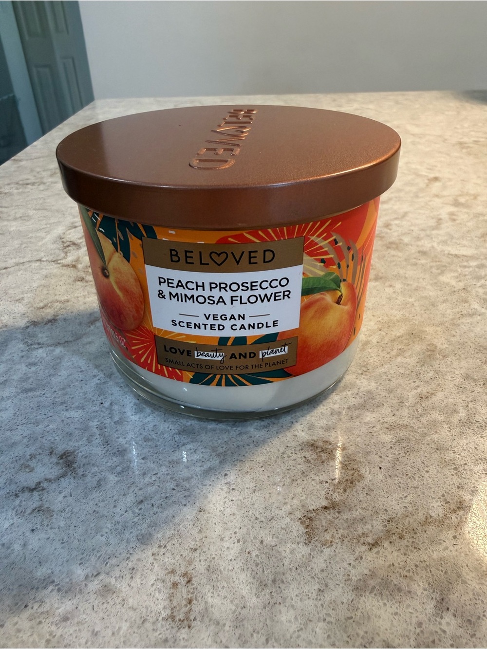 Peach Prosecco & Mimosa Flower Vegan Scented Candle - Copper Lid, Peach